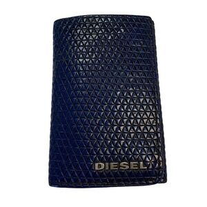Diesel Men Leather Key Holder Wallet Blue Geometric Textured Snap Closure
